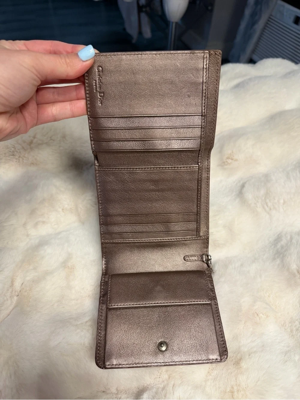 Dior Metallic Rose Gold Quilted Small Wallet with Dior Charms